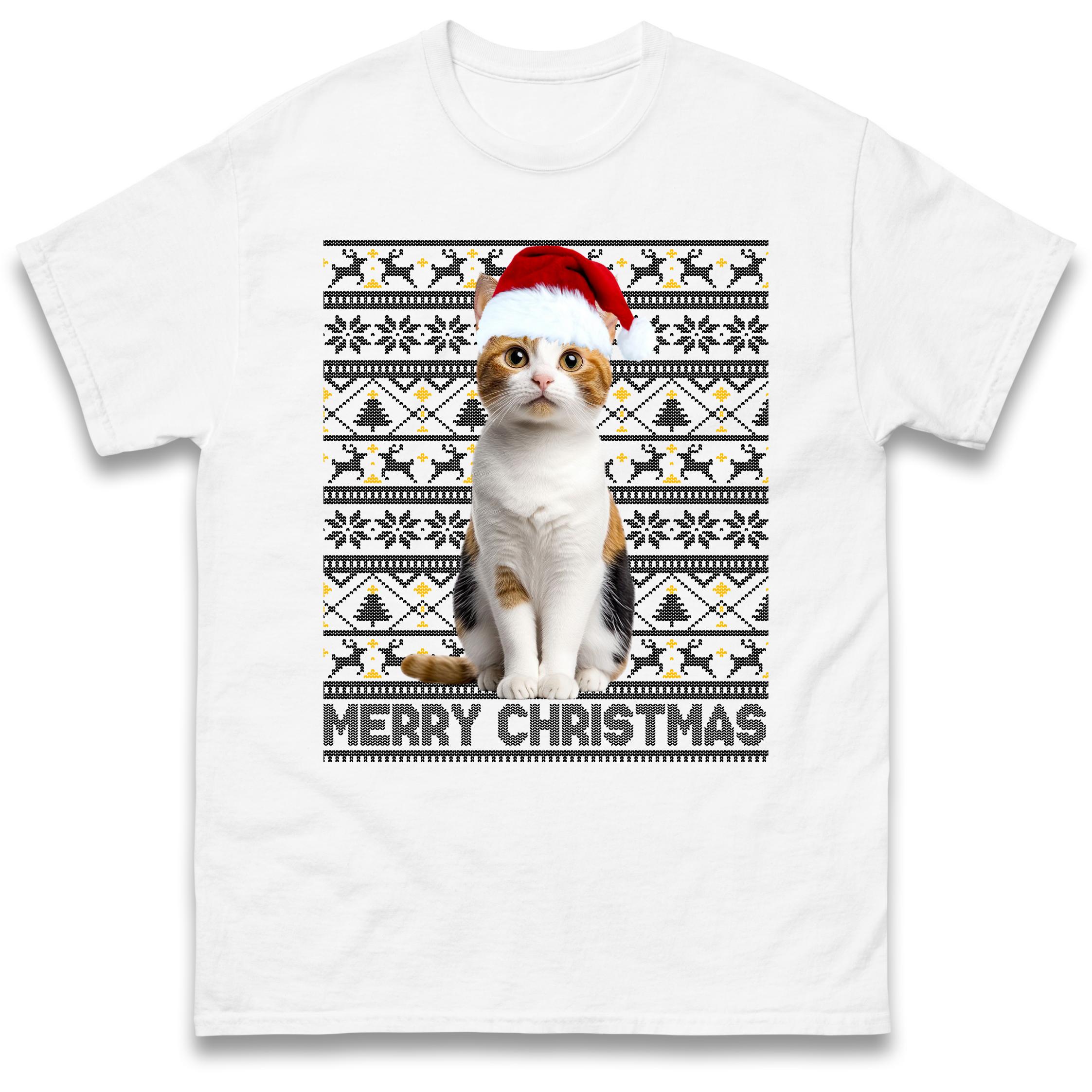 Merry Christmas Cat T-Shirt Tshirt Mens Womens Tops Unisex Tees 100% Cotton S