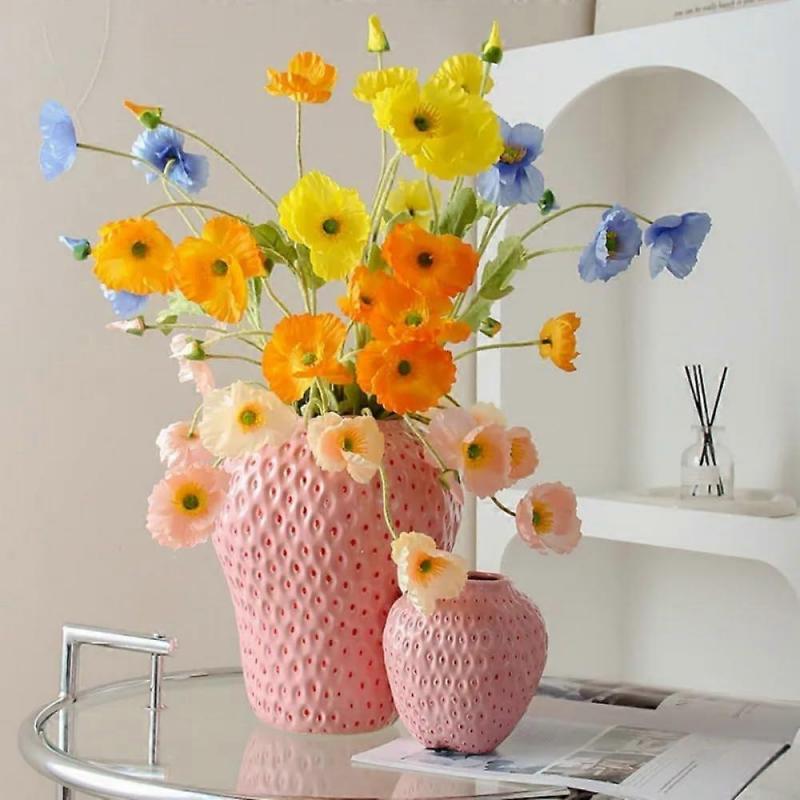 Strawberry Shaped Ceramic Vase Rose L Hand Painted Glazed Pink Large For Home Floral Arrangements