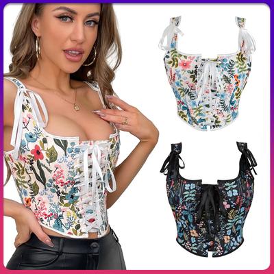 Sujetador Vintage Estampado de Hojas Corsé de Palacio Retro Francés Envuelto en el Pecho con Correa Frontal Escote en U Chaleco Exterior para Mujer