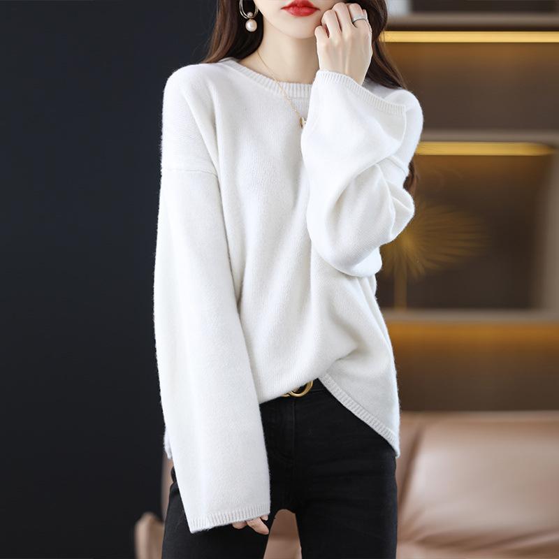 Lazy Casual Temperament Crew Neck Sweater Women's Autumn and Winter New Solid Color Loose Pullover Bottoming Knitted Sweater