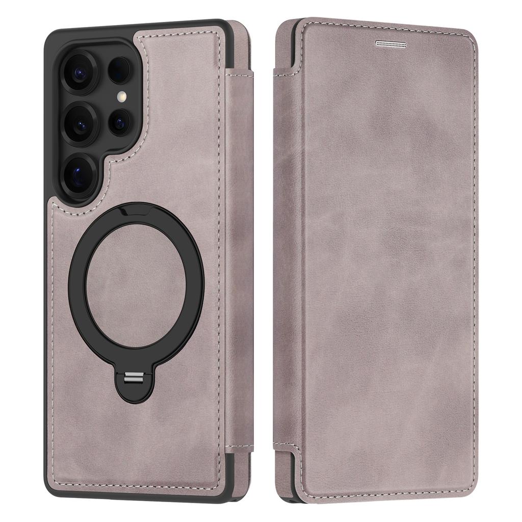 For Samsung Galaxy S25 Ultra Magnetic Case RFID Blocking Leather Wallet Cover with Rotating Ring Kickstand