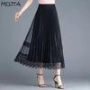 Spring Summer Women's Midi Mesh Lace Pleated Skirt Female Skirt High Waist Solid Slim Mid-length A-line Pleated Skirt