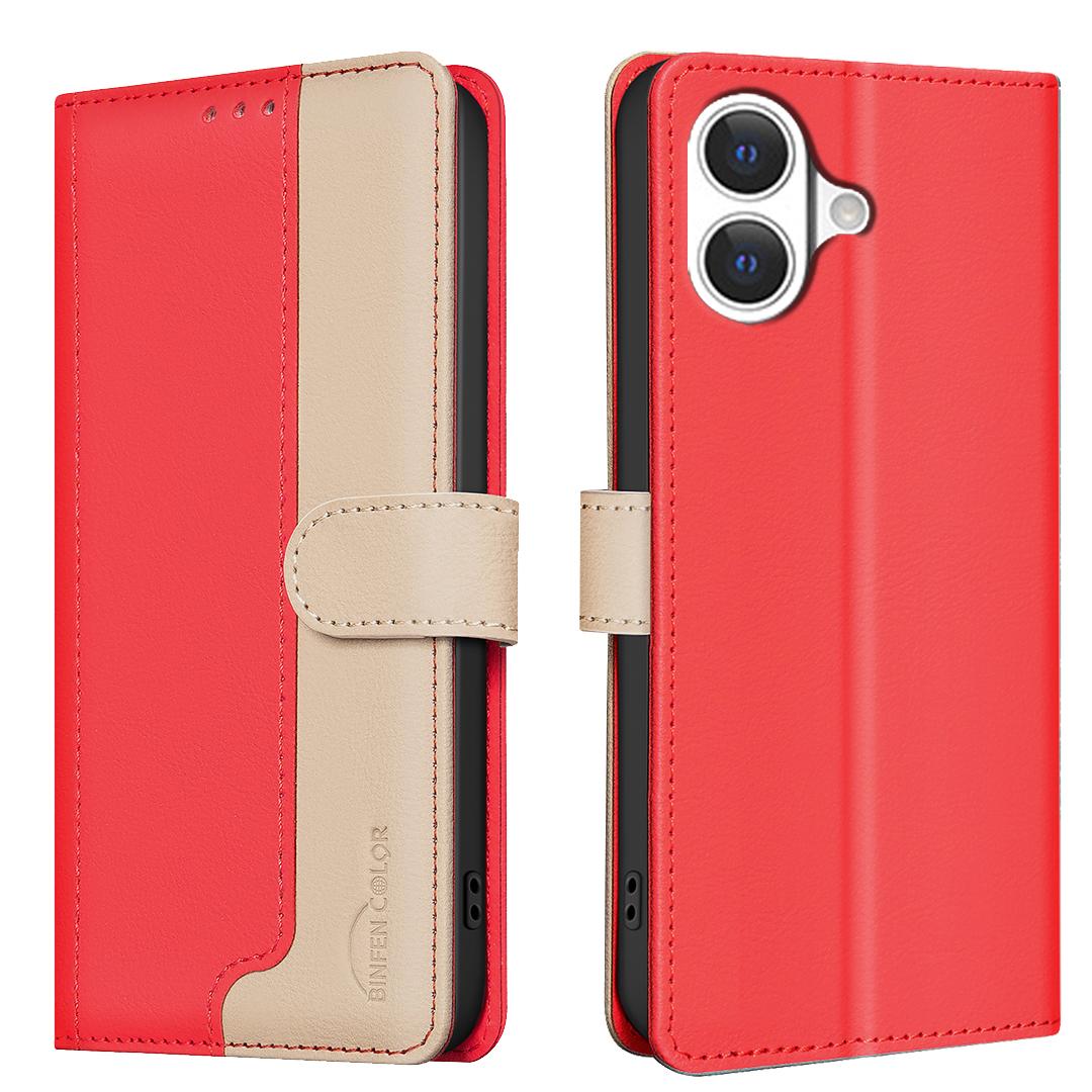 

For iPhone 17 Leather Case BINFEN COLOR Splicing Color RFID Blocking Wallet Stand Phone Cover Red