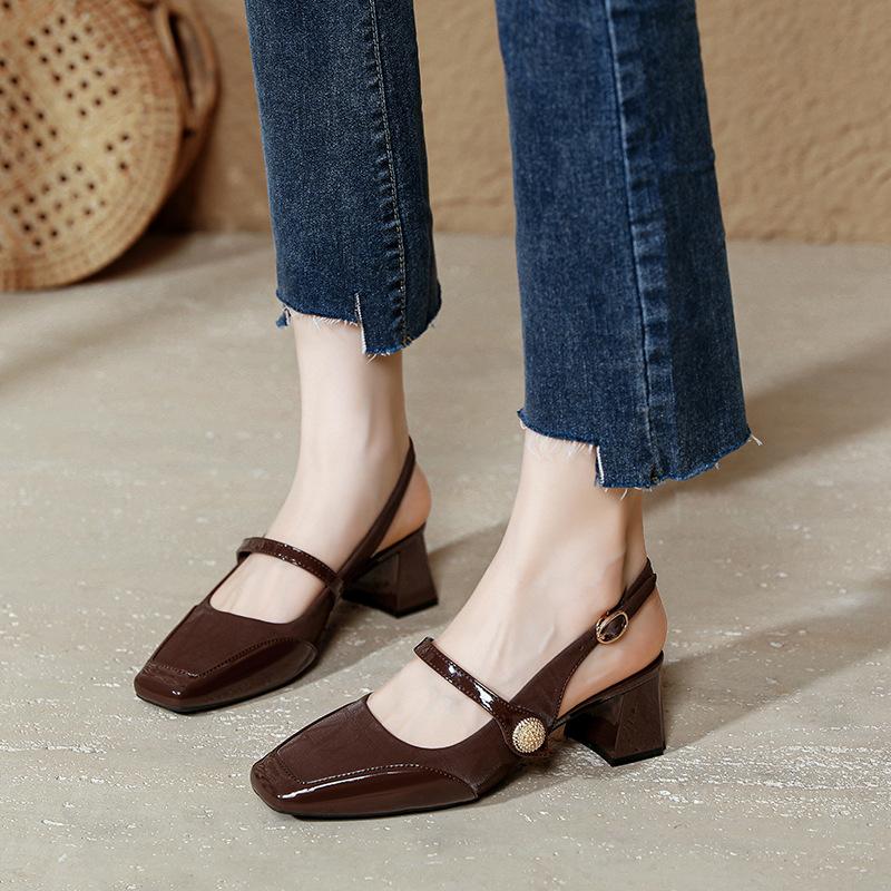 French high heels thick heel 2025 new large size women's shoes square head empty single shoes women's middle heel fashion bag head sandals