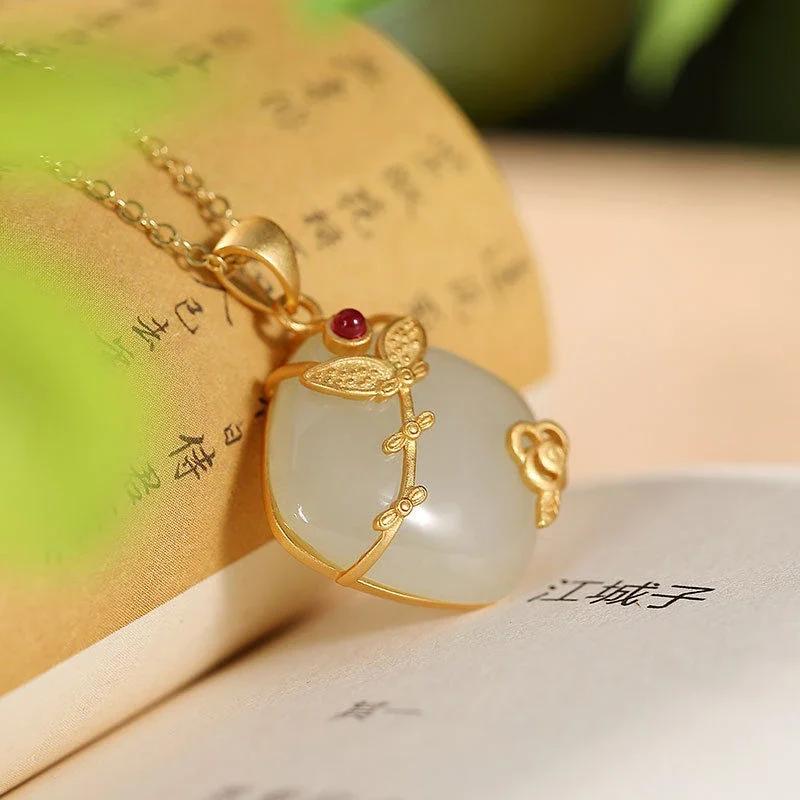Original Ancient Gold Craft Inlaid Natural Hetian Jade Geometric Necklace Pendant Chinese Style Elegant Ladies  Jewelry