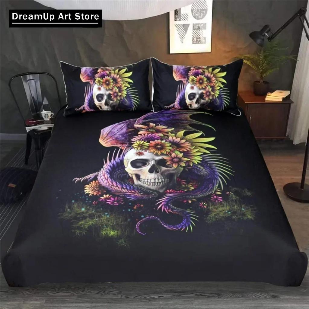 Black Skull Skeleton Bedding Set Paisley Floral Gothic Luxury Soft Bedding Set Bed Set Quilt Cover Twin Single Queen King Size