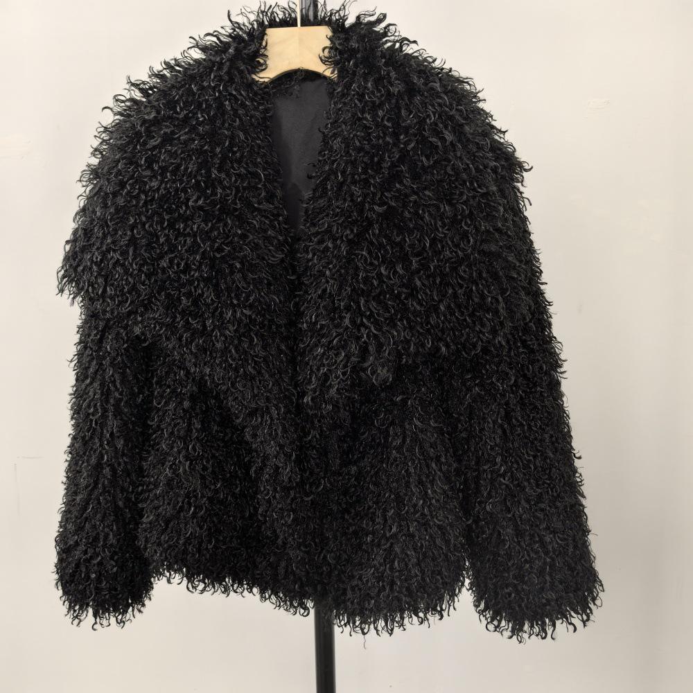 Damen Winter Kunstpelzmantel mit großem Revers - Imitation Waschbärfell