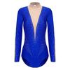Womens Gymnastics Performance Leotard Sparkle Rhinestones Sheer Mesh Long Sleeve Figure Skating Bodysuit