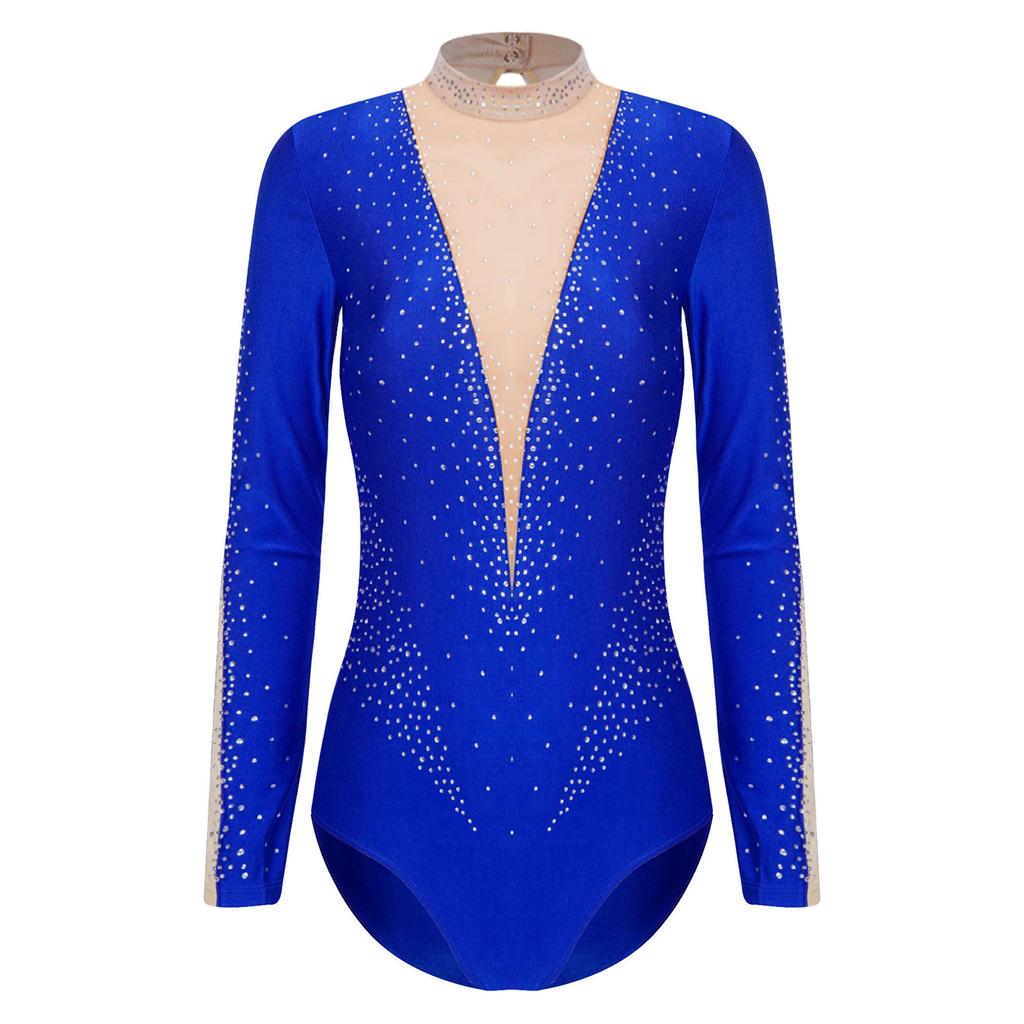 Dame Gymnastikk Ytelsesdrakt Glitrende Rhinestones Gjennomsiktig Mesh Lange Ermer Kunstløp Bodysuit