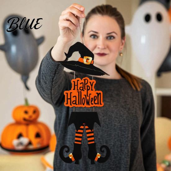 Halloween Door Sign Happy Welcome Witch Legs Hat Hanging Wooden Wall Decor Easy Hang Rustic Front Hanger for Porch Indoor Outdoor