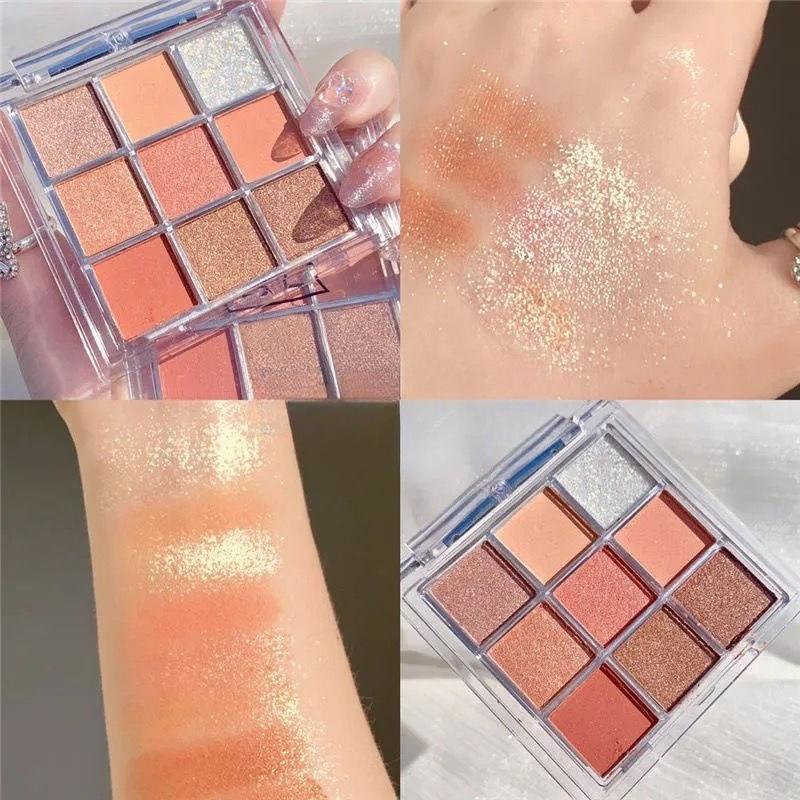 Nine-Color Waterproof Matte & Glitter Eyeshadow Palette - Long-lasting, Sweat-proof, and Brightening