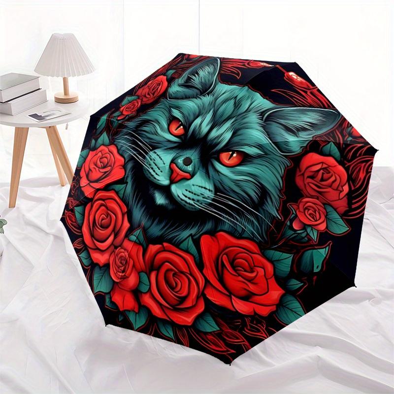 1pc Cat Roses Design Automatic Open/close Folding Umbrella, Compact Portable Travel Umbrella, Perfect Birthday/Christmas, Cute Umbrella, Dur