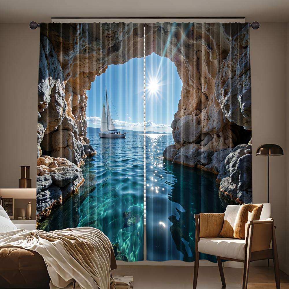 Polyester Ocean View Window Curtains Tropical Seascape Beach Cave Drapes Waterproof Nautical Bathroom Bedroom Decor Window Treat