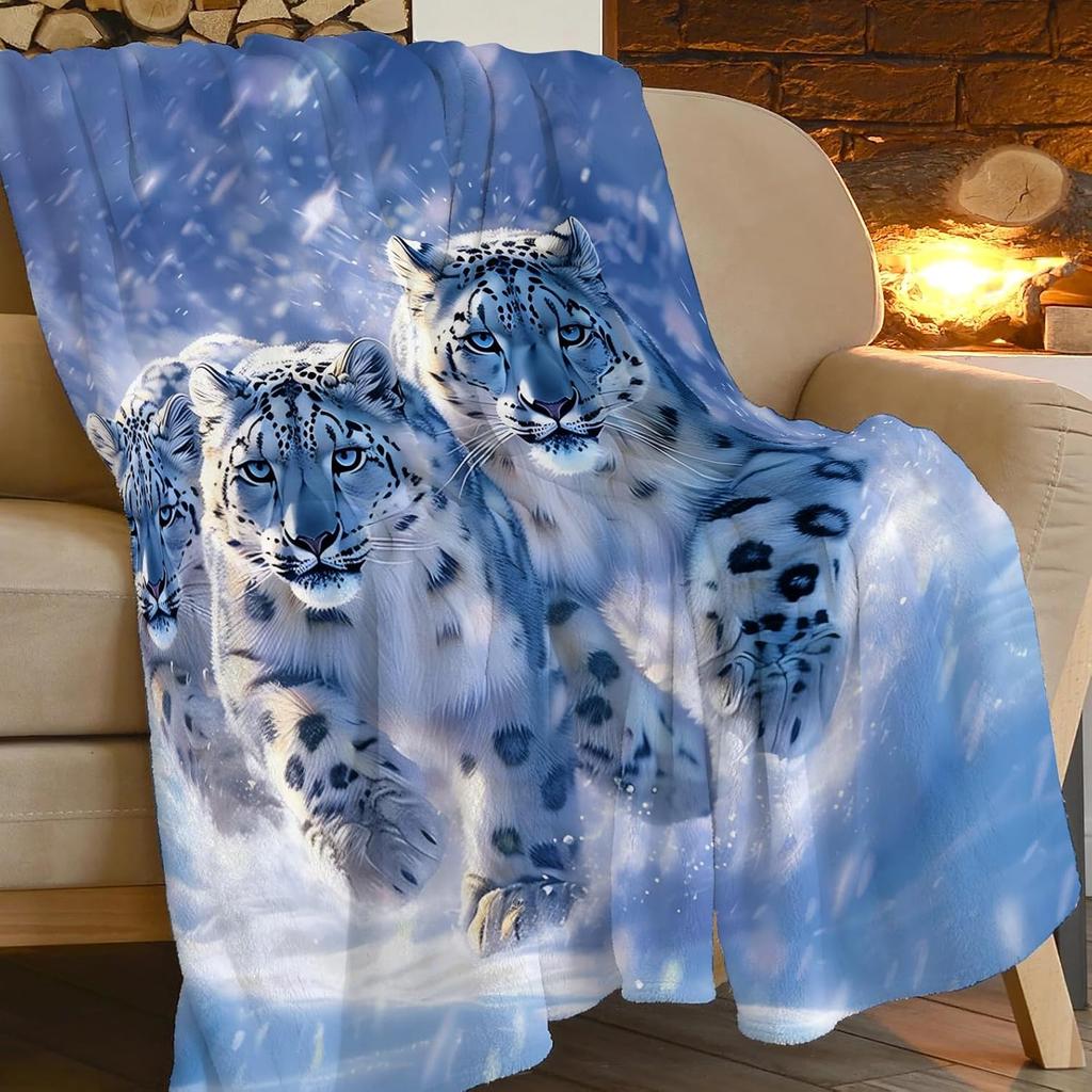 Snow Leopard Blanket with Three Wild Cats in Snowstorm Design for Cozy Living Room Decor AnimalPrintThrow Gift for Nature Lover