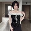Sweet and Spicy Wind One-word Shoulder Polka Dot Contrasting Color Splicing Short-sleeved T-shirt Slim and Thin Beautiful Off-the-shoulder Small Top