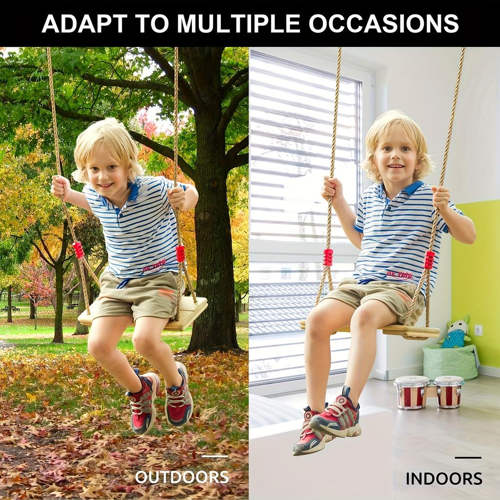 1 Adjustable Swing Adjustable Outdoor Swing for Youngsters Adults Sturdy Wooden Seat with Red Rubberized Ropes Adjustable Length