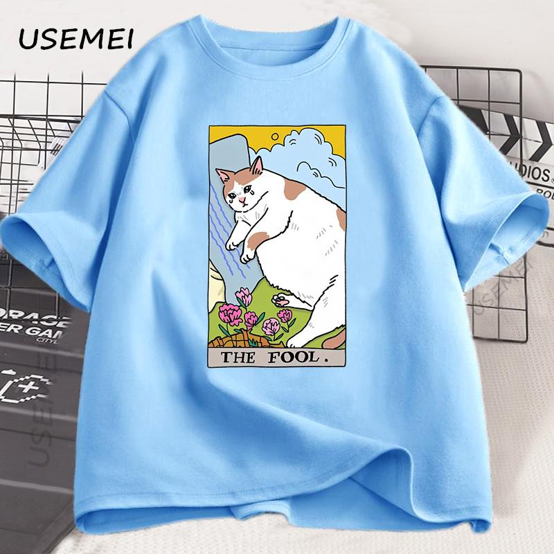 Sad Cat Meme The Fool Tarot T-Shirt Men Women Witchy Clothing Crying Cat T Shirt Casual Oversized T-shirts Streetwear Clothing