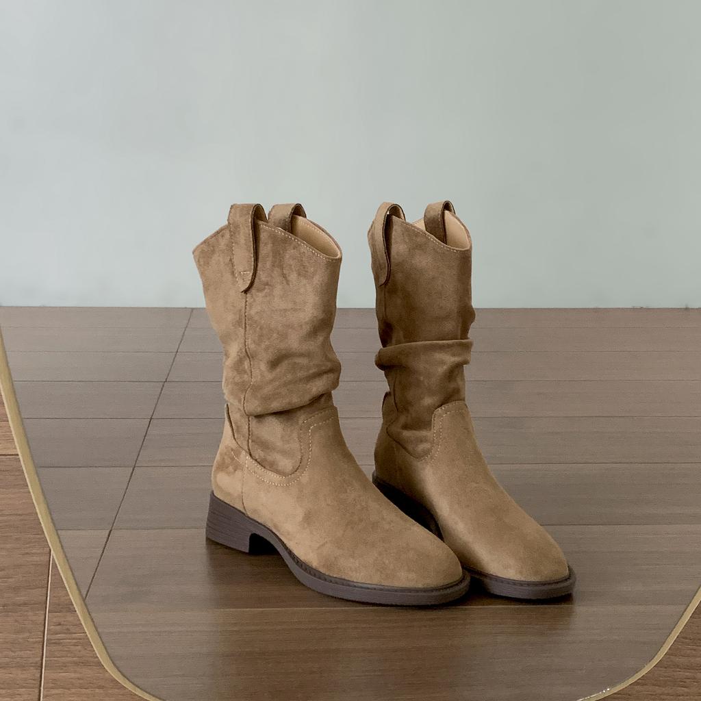 Autumn Winter Women Western Ankle Boots Fashion Slip On Thick Heel Shoes Ladies Elegant Pleated Short Booties