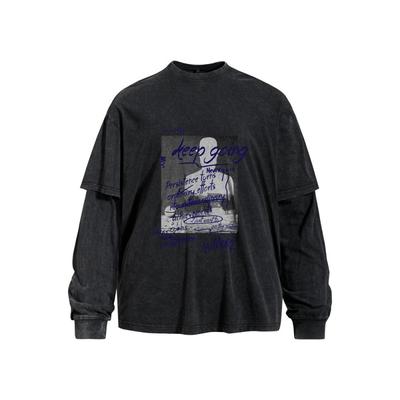Mens Oversized Long Sleeve T-Shirt With Washed Vintage Graphic Print Loose Fit Cotton Blend Tee Fall Streetwear