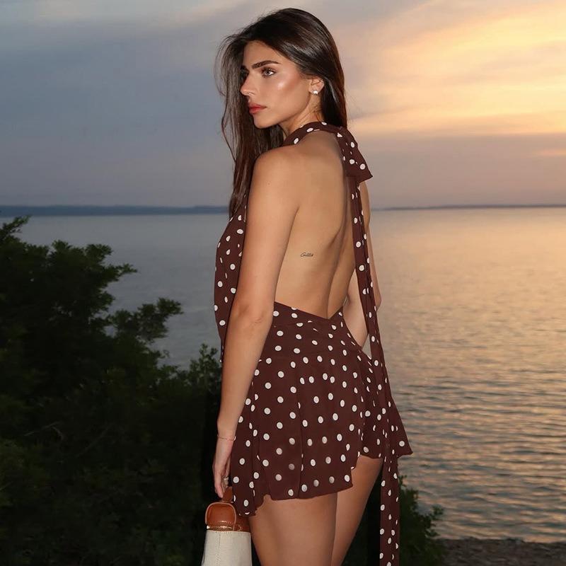 Robe Courte Sexy à Pois pour Femme, Dos Nu à Bretelles, Taille Liée, Taille Haute, Coupe A