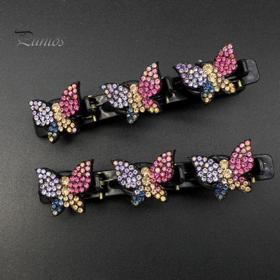 2Pcs Women Hairpins Sparkling Faux Crystal Butterflies Decor Braided Hair Clips Double Layer Bang Hair Pins