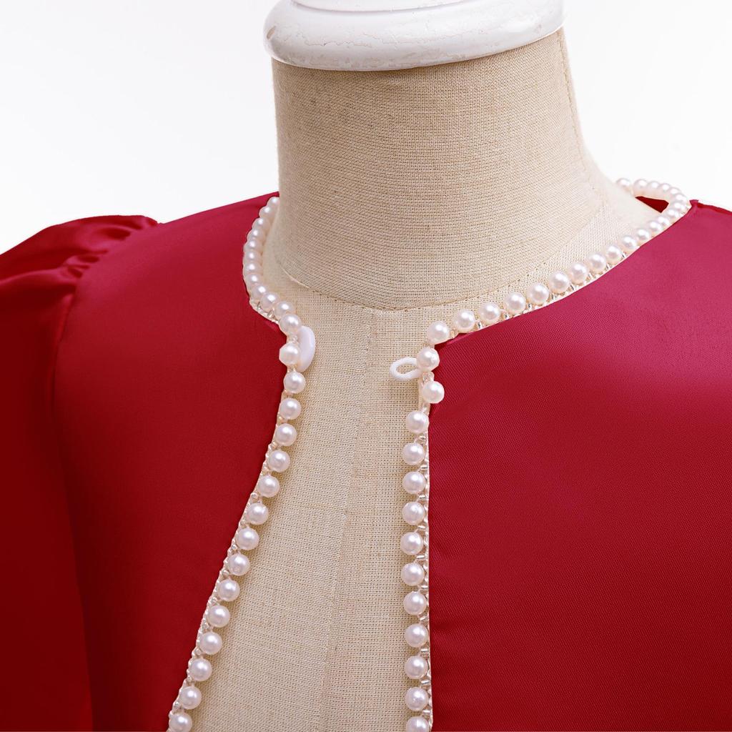 Girl's Red Pearl Long-Sleeve Evening Dress with Accessories, Including One-Button Shawl, Short Jacket Cape, and Sleeveless Vest.