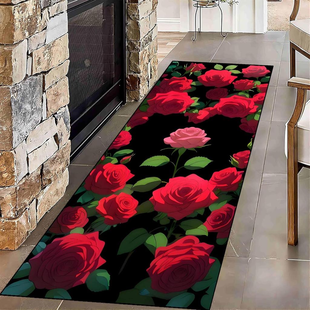 Czerwona Róża Wzór Serca Dywanik Biegacz Ilustrowana Sztuka Dekoracja Domu Dywan do Przedpokoju Vintage Romantyczna Mata Antypoślizgowa do Salonu