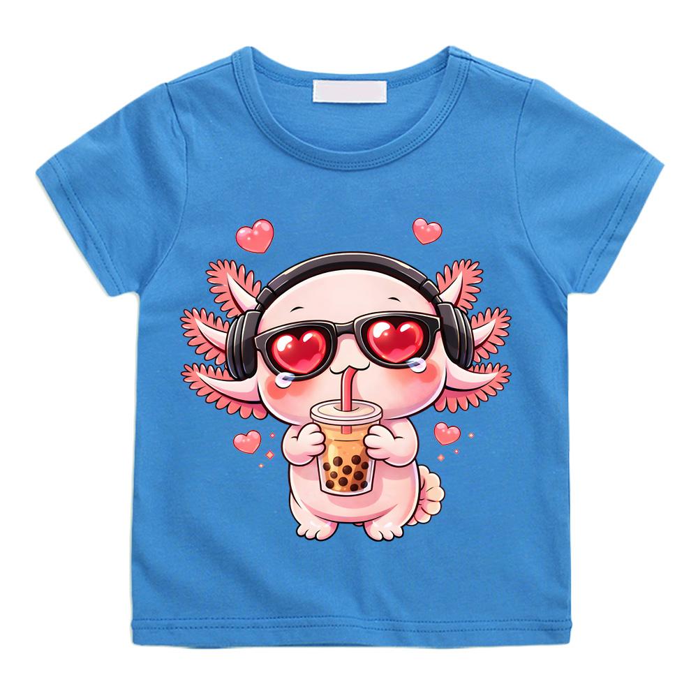 Bubble Tea Love Axolotl T Shirt Kawaii Axolotl Drinking Boba Chibi Anime Design Tee Cotton Boys/girls Cartoon Print Cute Manga Tee-shirt