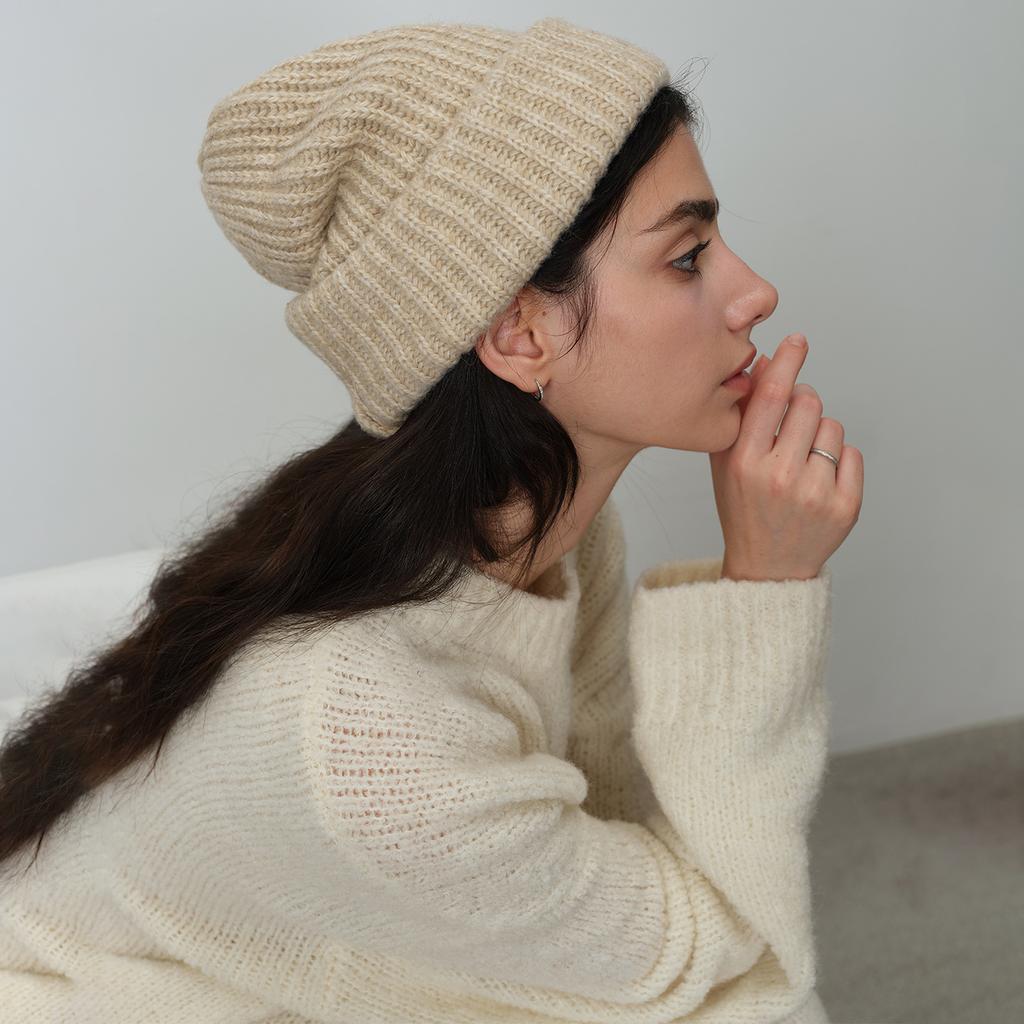 New knitted solid-color wool hat women's versatile big head circumference cold hat knitted to keep warm and show the face, small ear protection, popul