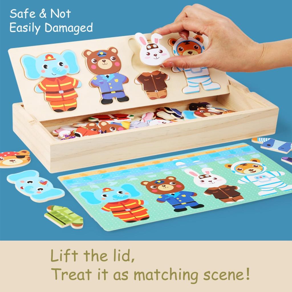 Wooden Jigsaw Bear Family Puzzle Box Bear Change Clothes Montessori Kids Early Education Wooden Dressing Game Baby Toys Gift