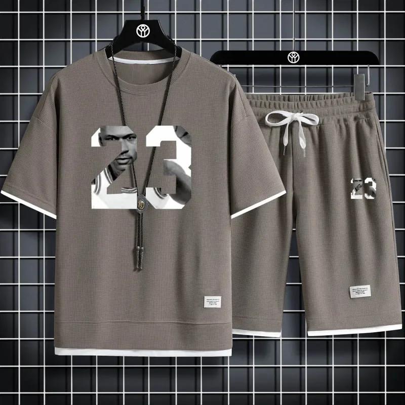 Set de pantaloni scurți pentru bărbați cu imprimeu waffle, 2 articole sport largi, stil Harajuku, modă de vară