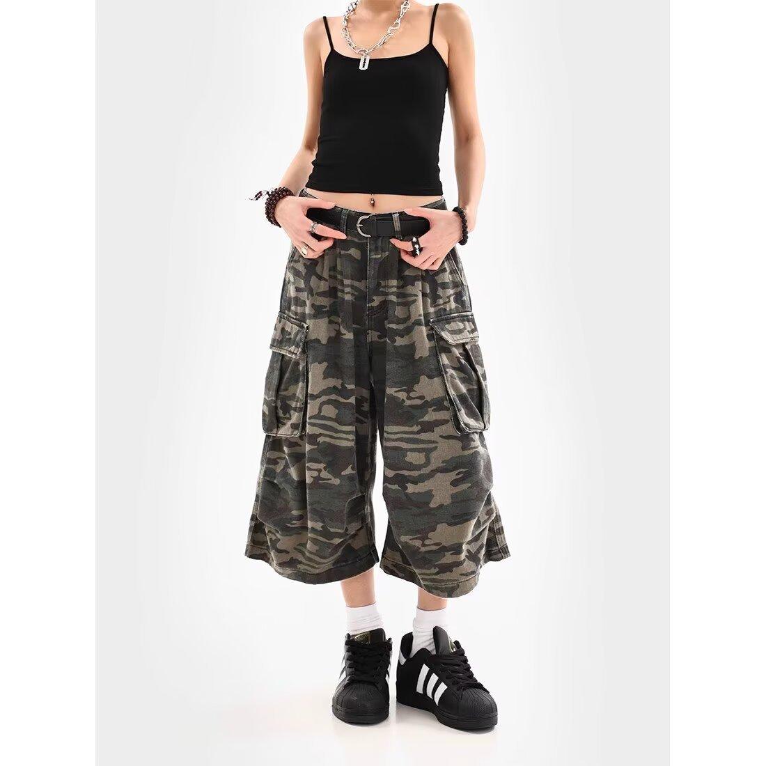 JYL Унисекс Камуфляжные Джинсы Летние Укороченные Свободные Нейтральный Стиль Карго Джинсовые Брюки XXL детские порошок