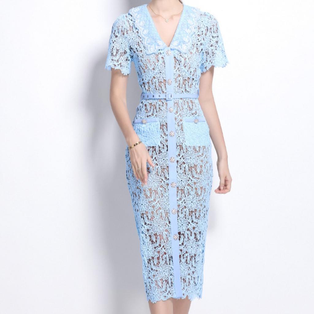 Women's Peter Pan Collar Short Sleeve Lace Sheath Dress High Waist Elegant Long Dress