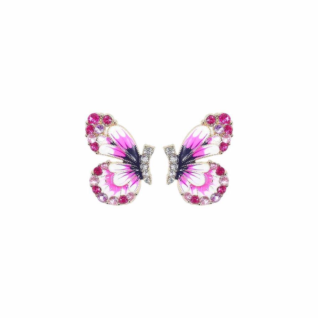 Pink Enamel Butterfly Stud Earrings Colorful Crystal Inlaid Butterfly Earrings Statement Jewelry for Women