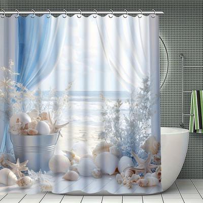 Beach Pattern Shower Curtain - Modern Personality, Waterproof Polyester, Rainbow Cartoon Theme, All-Season, Bath Decor