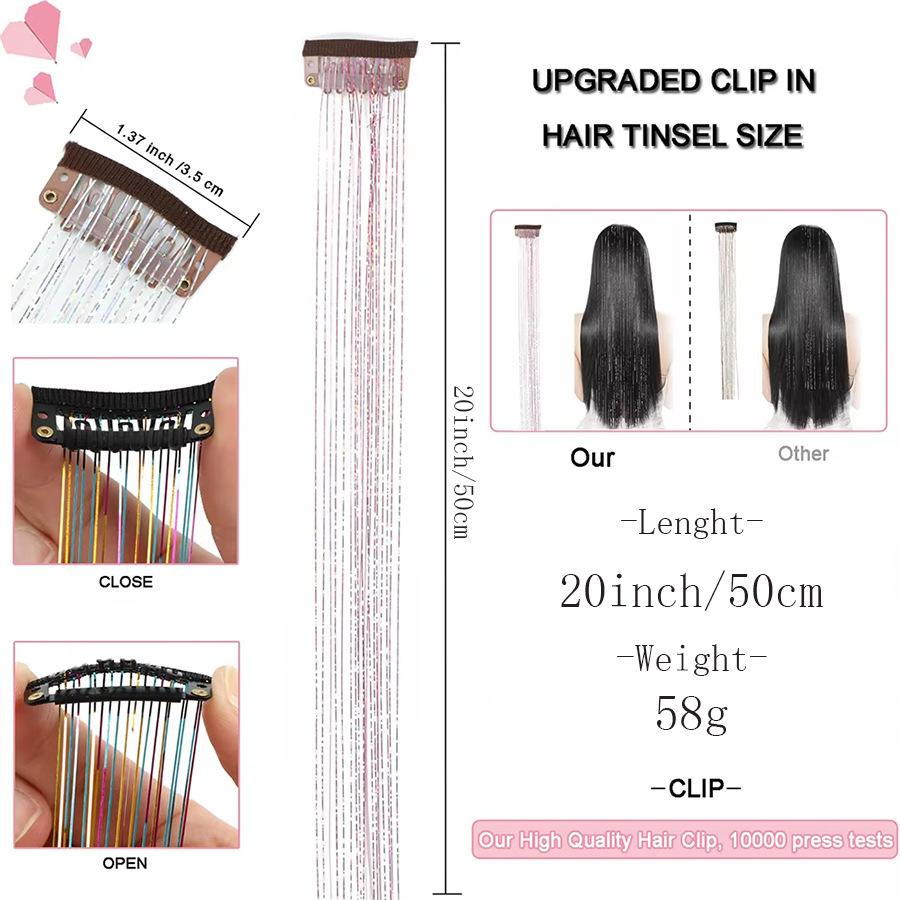 Synthetic Hair Clip One Piece Women Glitter Tinsel Hair Extensions Hair Tinsel Kit Heat Resistant Shiny Sparkle Wig