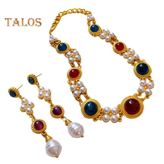 

2 шт./комплект женский комплект ювелирных изделий искусственный жемчуг двухслойные толстые цепочки серьги преувеличенный ретро королевский стиль геометрическое ожерелье из камня набор для торжественного банкета золотистый