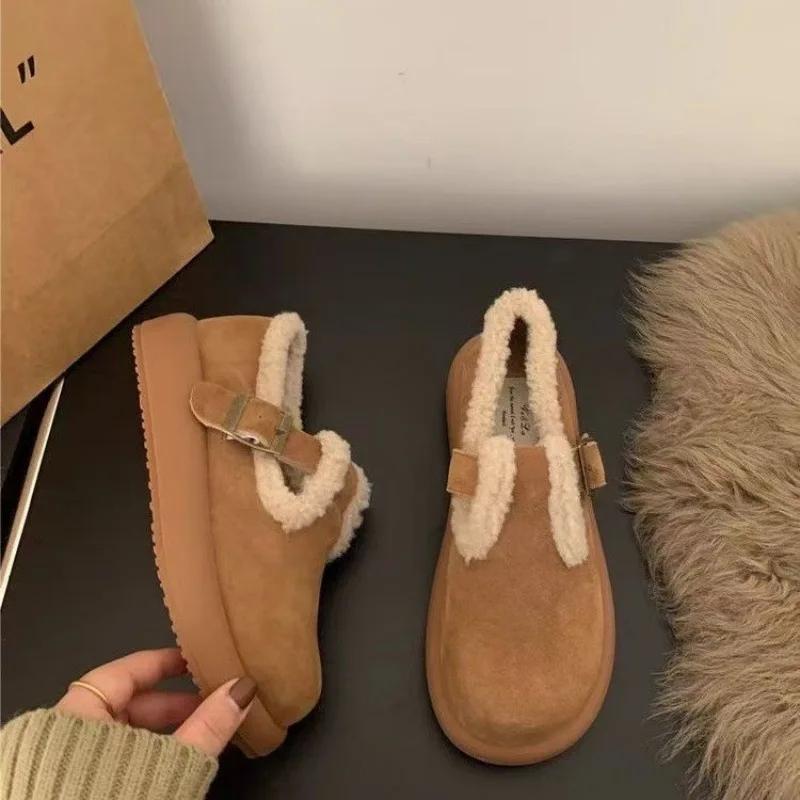 

Мода 2025 Матовая кожа Толстая подошва Коричневый бархат Туфли Бокен Осень Зима Снежные ботинки Женские Хлопковые кроссовки Носить Пушистые Мэри Джейн 40