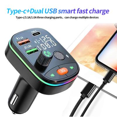 Bluetooth 5.0 Auto-FM-Transmitter, Dual-USB 3.1A Typ-C-Autoladegerät, Umgebungslicht, Freisprecheinrichtung, MP3-Player, Unterstützung für TF-Karte AE