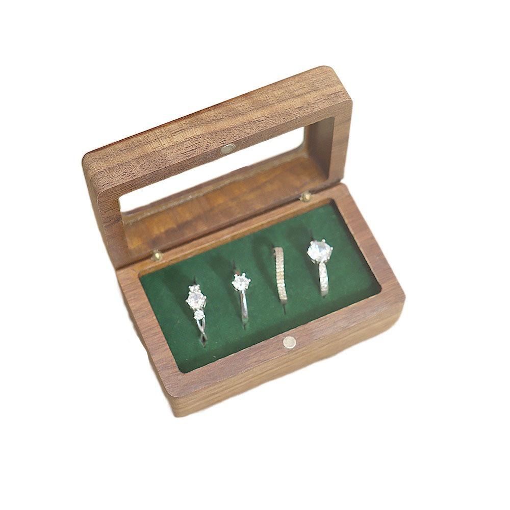 Magnetic Cover Square Rings Holder 4 Slots Jewelry Ring Holder Black Walnut Cufflinks Box  Wedding
