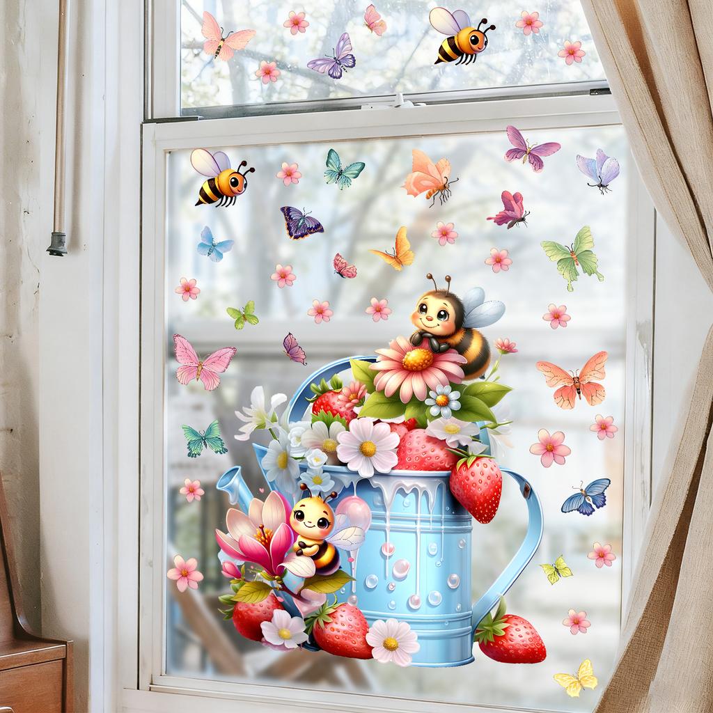 Frühlingsgarten Blumig Statisch Haftend Fensteraufkleber Abnehmbar Wiederverwendbar für Schlafzimmer Wohnzimmer Balkon Glas Heimdeko Kunst
