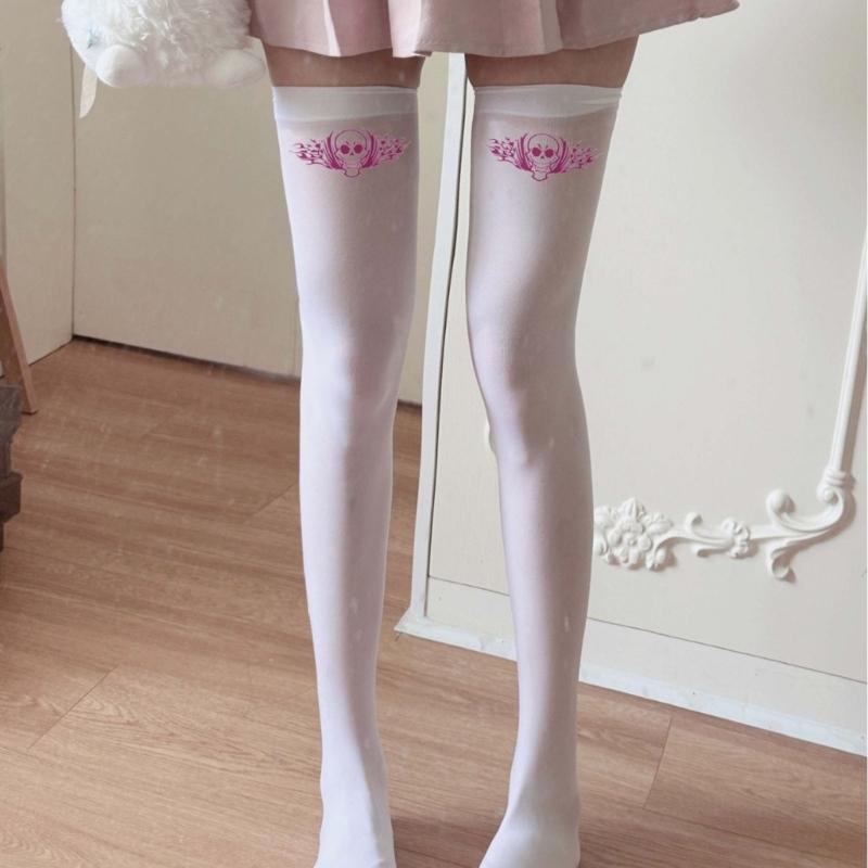Halloween Skull Print Stockings for Women Girl Silk Leggings Tights Sock Cosplay Costume Over Knee Thigh High Long Socks