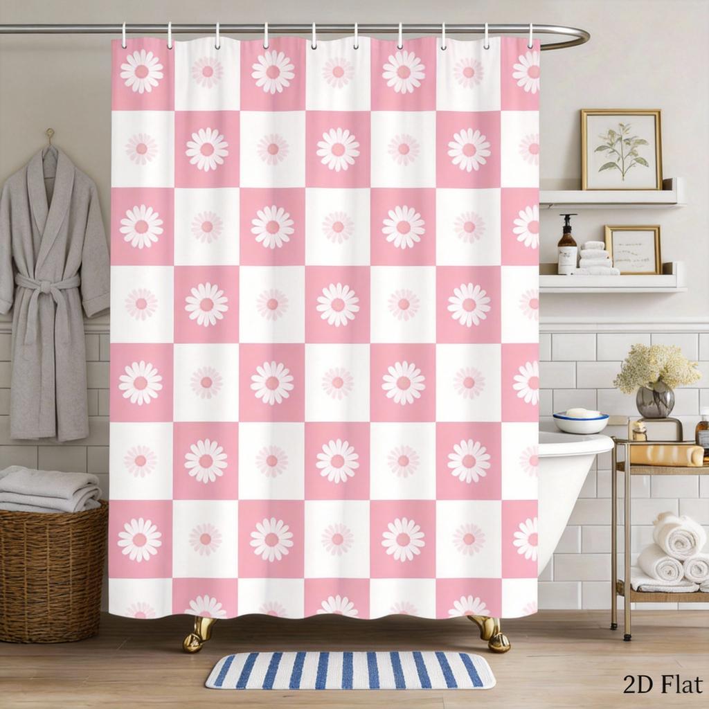 Modern Geometric Shower Curtain Pink and White Wavy Checkered Design Stylish Bath Curtain for Girls’ Room and Contemporary Decor