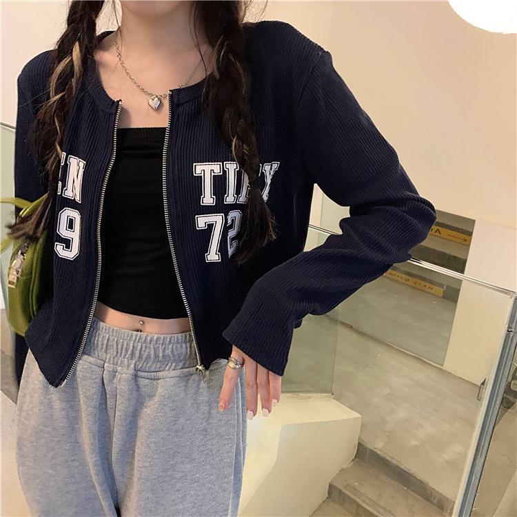 Women's Letter Print Cropped Zip-Up Cardigan Jacket - Slimming Long Sleeve T-Shirt Style Top