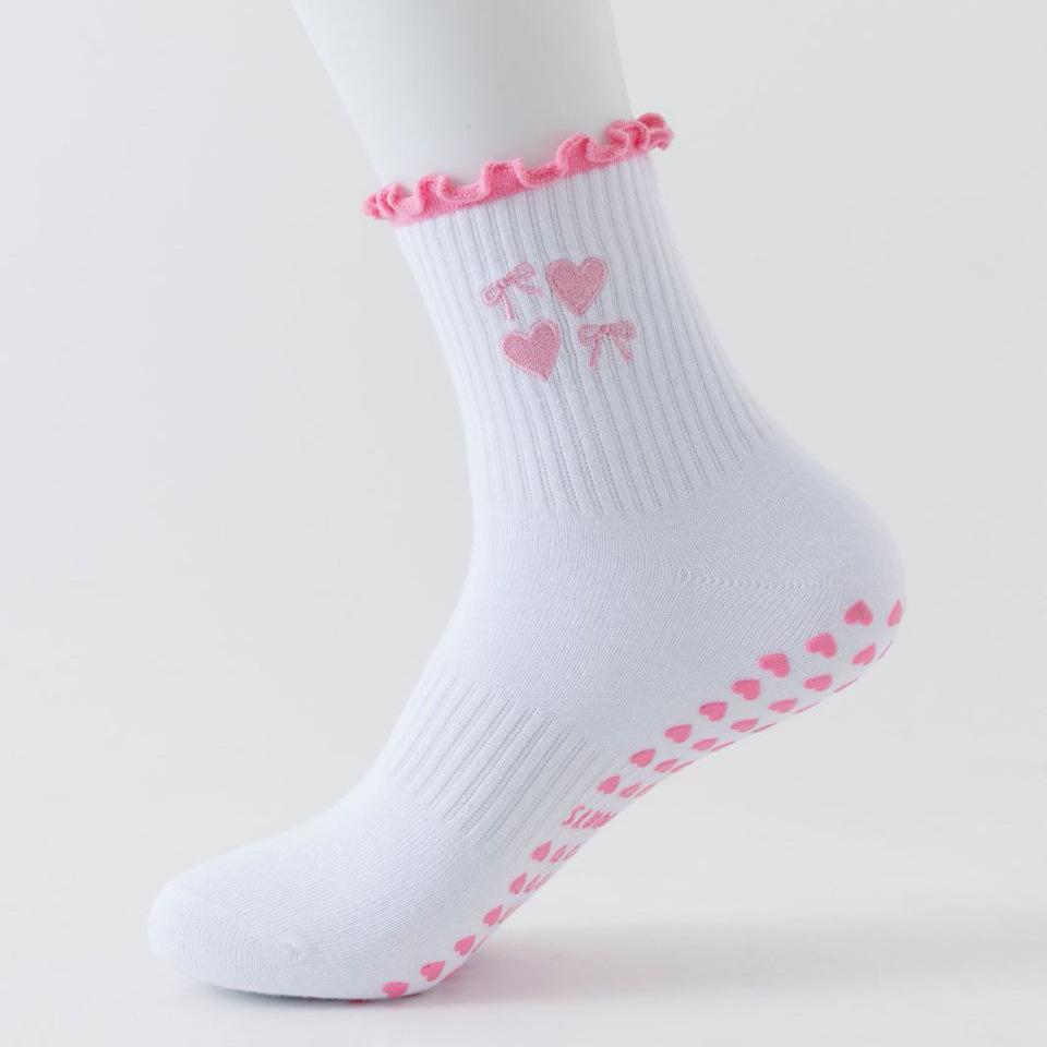 Women's Cotton Mid-Calf Yoga Socks with Anti-Slip Silicone - Wood Ear Lace Design for Indoor Fitness and Pilates