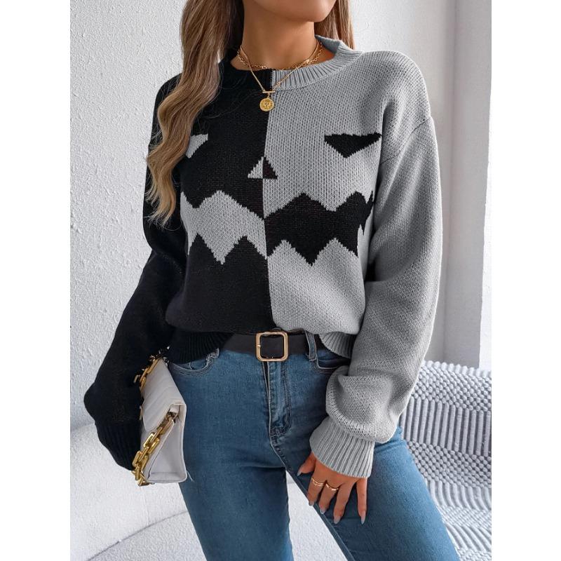 Autumn and Winter Women Halloween Pumpkin Contrast Color Knitted Long Sleeve Loose Sweater