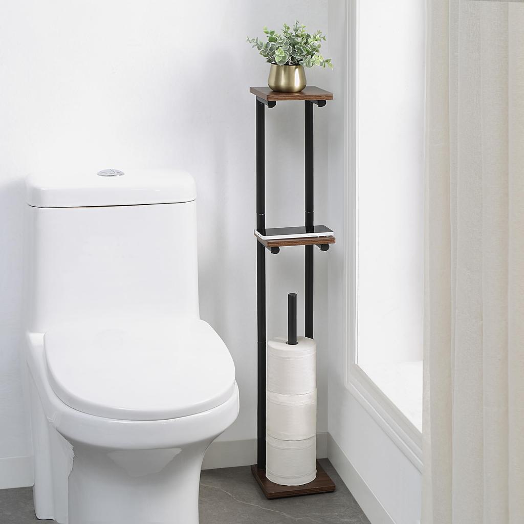 Sunny Point Freestanding Toilet Paper Stand with Wooden Shelf, Slim, Smartphone Holder, and Tissue Holder for Gap Storage (Black, 2 Tiers)