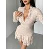 Sexy Lace Deep V Neck Long Sleeve Ruffle Hem Bodycon Dress