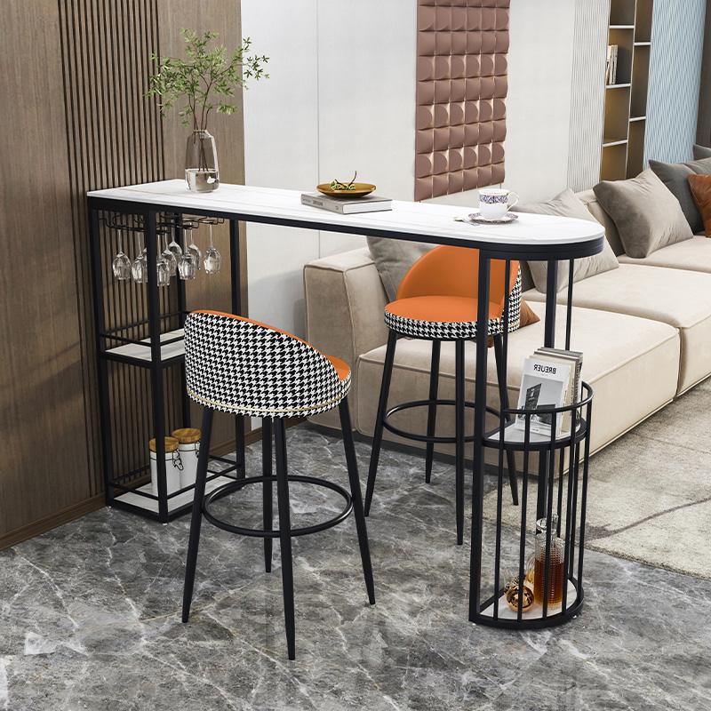 9C Modern Rock Slab Bar Table and Chairs for Living Room, Balcony, Kitchen, or Dining - High-Legged, Long Design with Wine Cabinet Feature