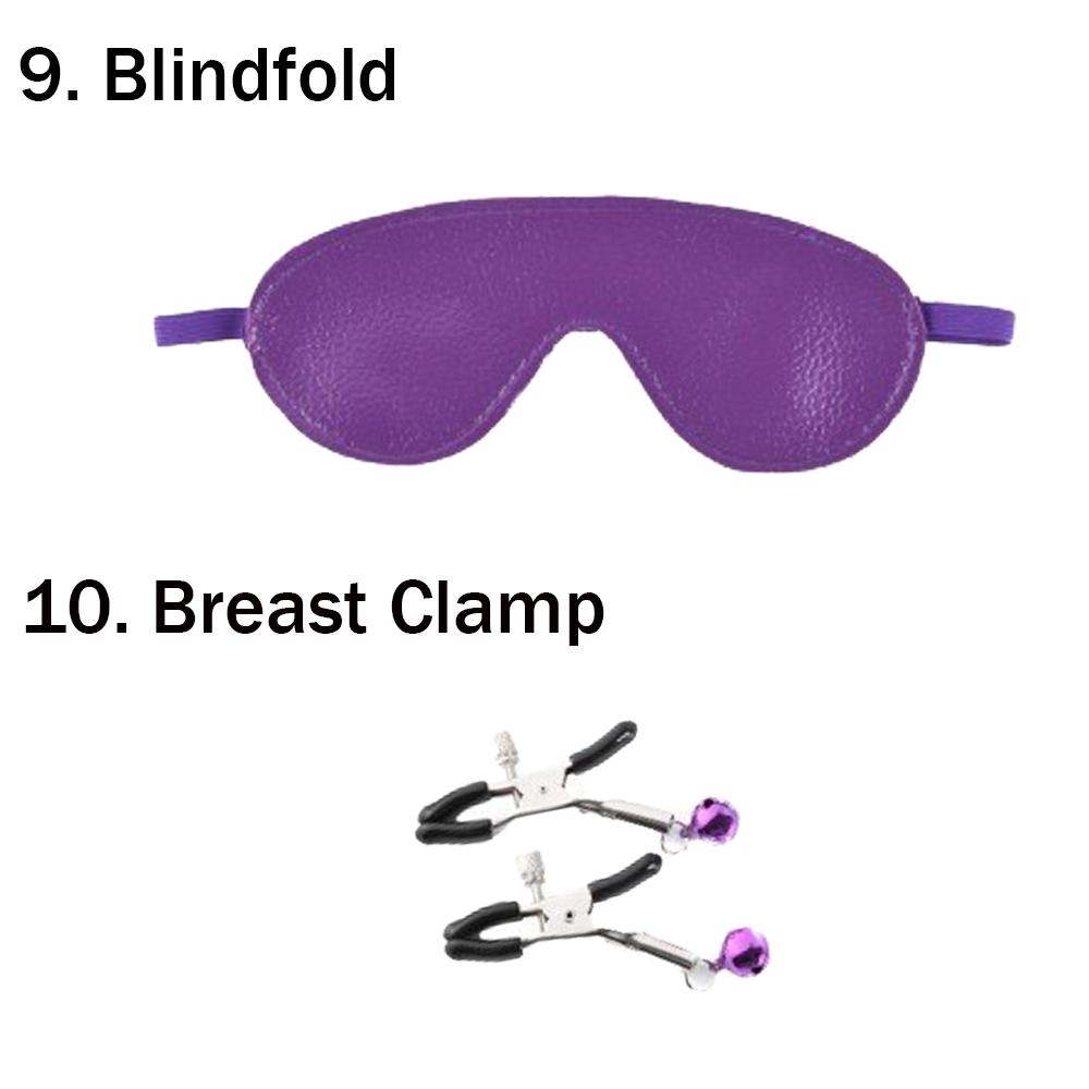 10Pcs  Bondage Restraint Kit for Couples - Leather Handcuffs, Ankle Cuffs, Whip, Gag, Blindfold, Collar & Nipple Clamps